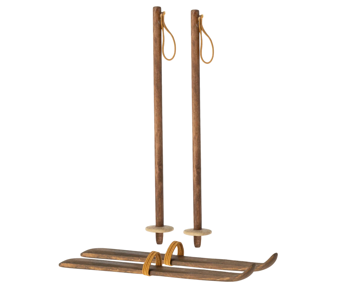 Wooden ski with two ski poles on a white background |Ski and ski poles, Mum & Dad mouse | Maileg UK