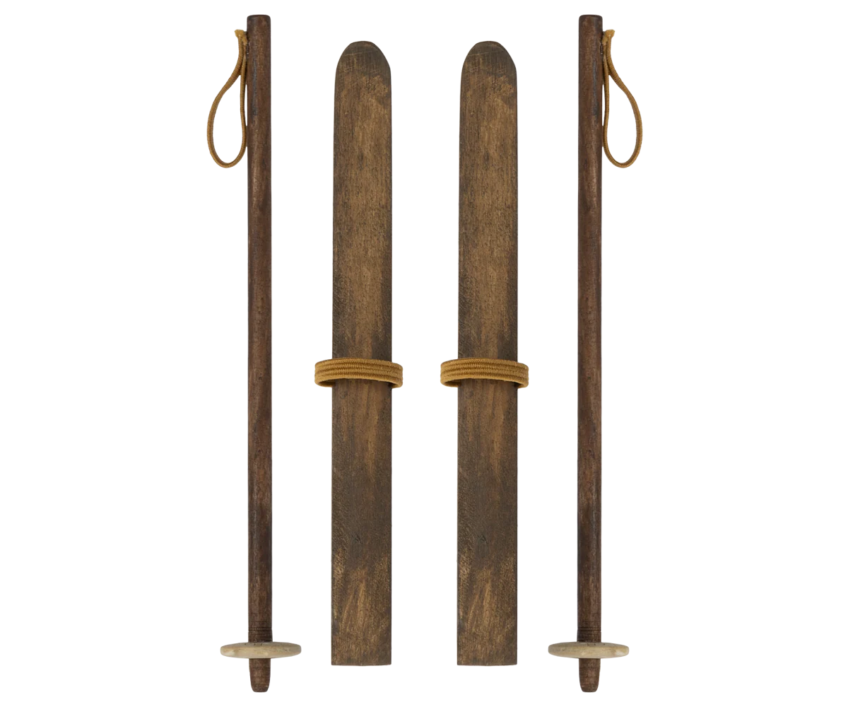 Four wooden ski poles with metal tips on a white background | Maileg UK | Ski and ski poles, Mum & Dad mouse
