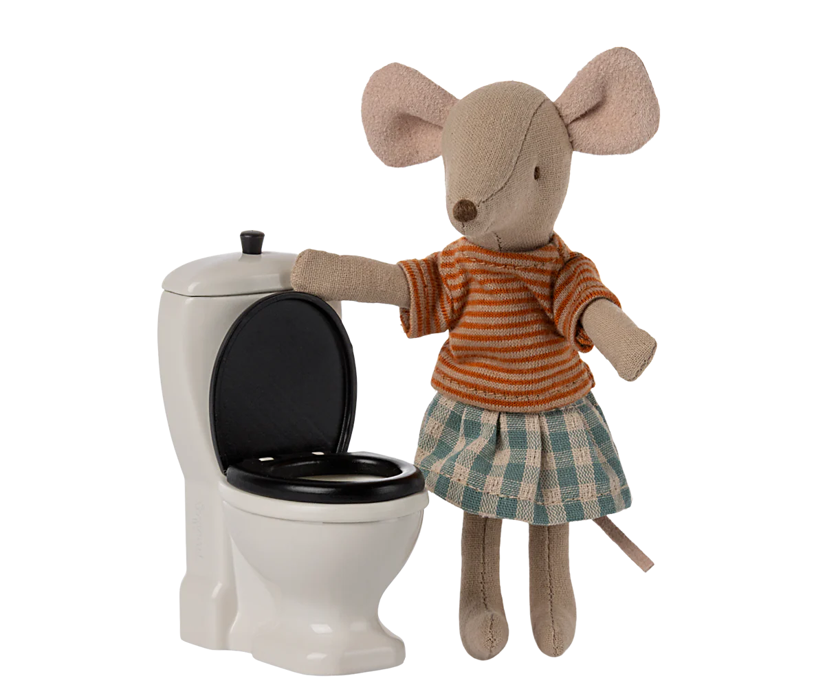 Maileg White Mouse Size Toilet with black opening seat and flush | Collectable Dollhouse Furniture