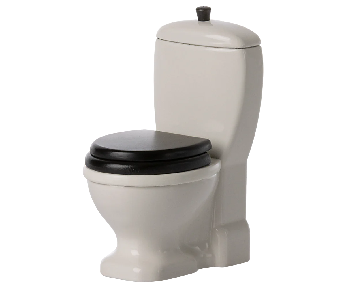 Maileg White Mouse Size Toilet with black opening seat and flush | Collectable Dollhouse Furniture