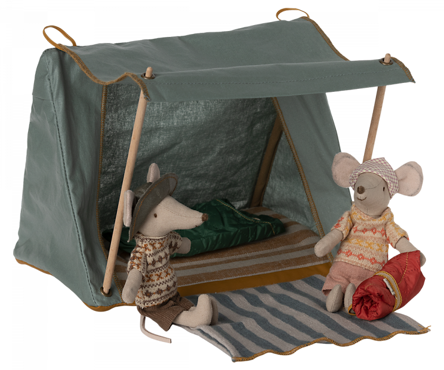 Maileg Happy Camper Tent with some wilderness mice enjoying it | Collectable Dollhouse Miniatures