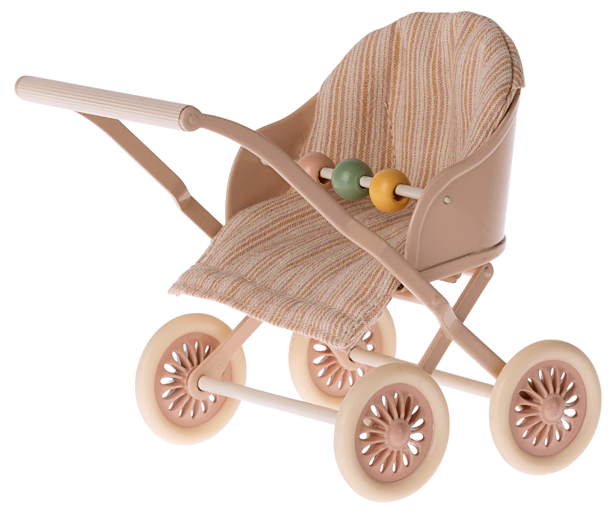 A toy stroller for mouse figures with a striped beige and pink seat, metal frame, and four plastic wheels. | Maileg UK