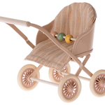 A toy stroller for mouse figures with a striped beige and pink seat, metal frame, and four plastic wheels. | Maileg UK