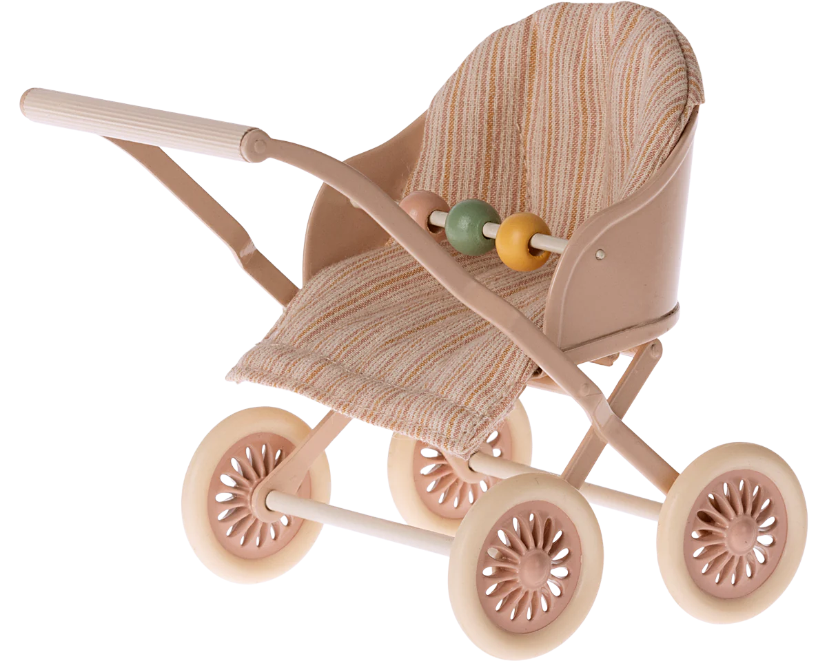 A toy stroller for mouse figures with a striped beige and pink seat, metal frame, and four plastic wheels. | Maileg UK