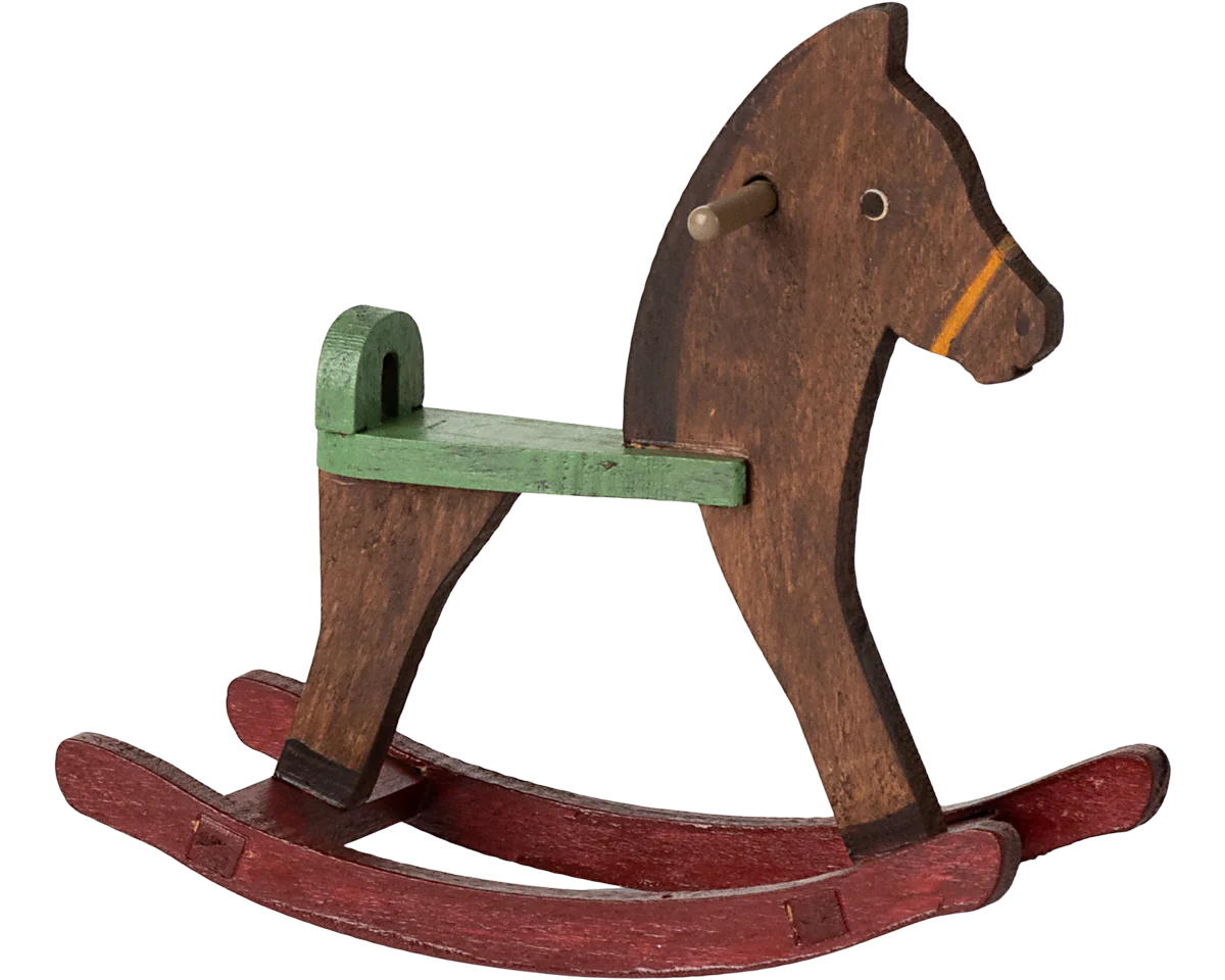 Wooden rocking horse with a green seat on a white background | Maileg UK