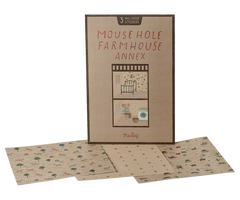 A set of three wallpaper stickers with a mouse hole farmhouse annex theme, including rooms with different prints and colors.