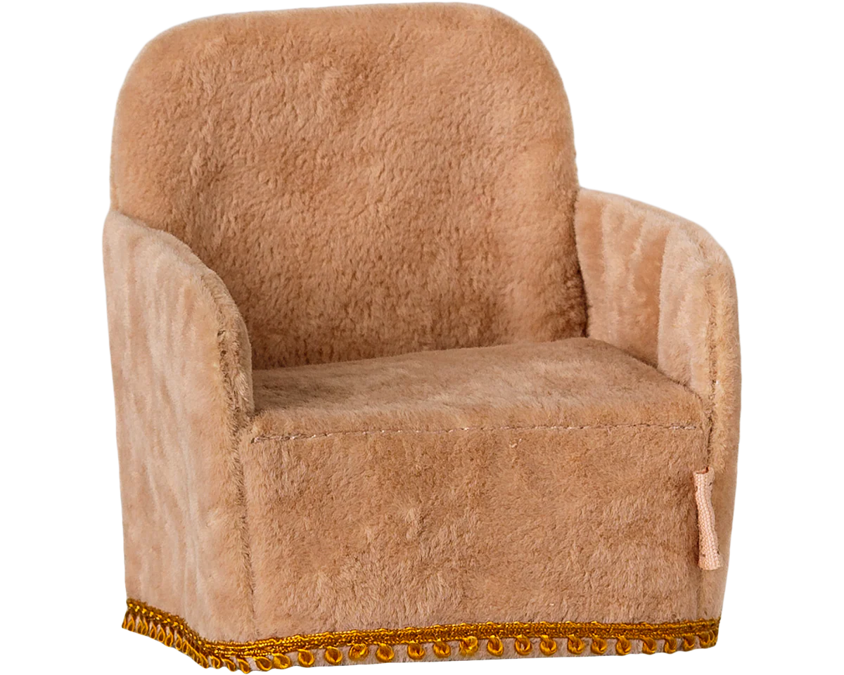 Brown plush armchair with decorative trim on a white background | Maileg UK