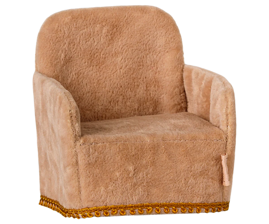 Brown plush armchair with decorative trim on a white background | Maileg UK