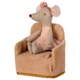 Stuffed mouse toy in a chair with a pink dress and headband on a white background | Maileg UK