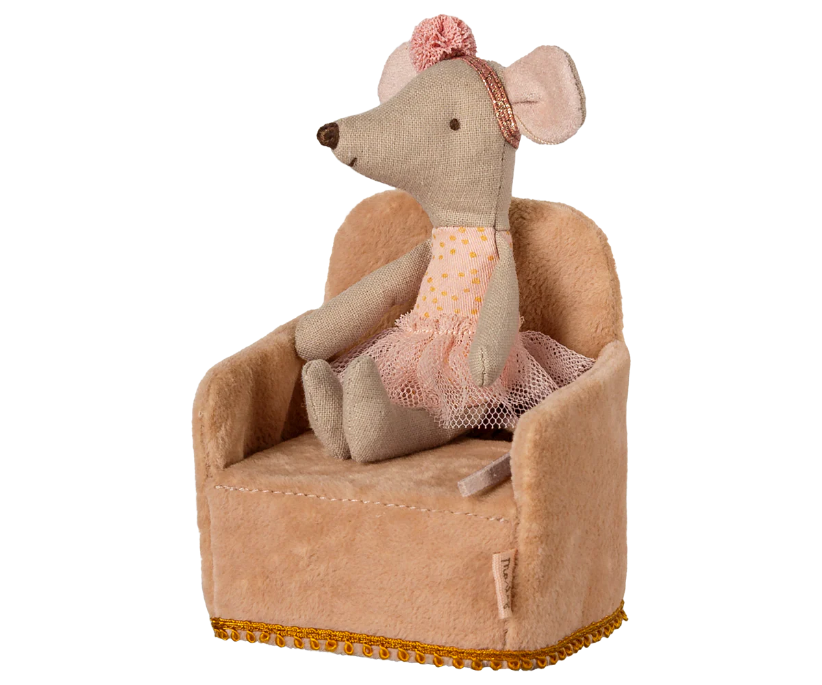 Stuffed mouse toy in a chair with a pink dress and headband on a white background | Maileg UK