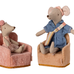Two toy mice sitting in armchairs on a white background | Maileg UK