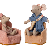 Two toy mice sitting in armchairs on a white background | Maileg UK