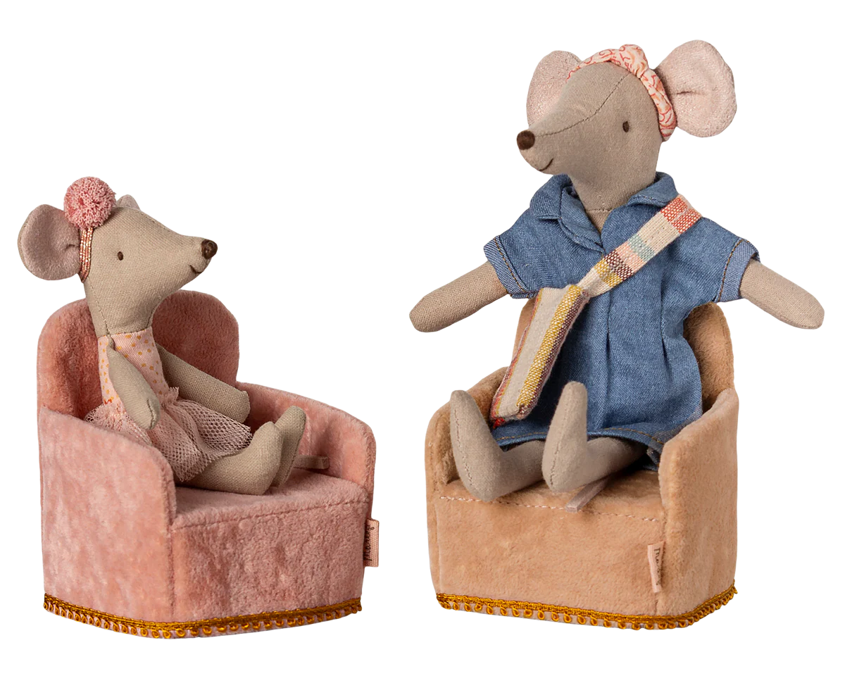 Two toy mice sitting in armchairs on a white background | Maileg UK