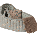 Baby crib with floral pattern and brown blanket on a white background | Maileg UK