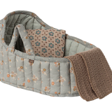 Baby crib with floral pattern and brown blanket on a white background | Maileg UK