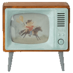 Vintage-style television with a cartoon of a boy riding a horse on the screen. | Maileg UK