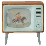 Vintage-style television with a cartoon of a boy riding a horse on the screen. | Maileg UK
