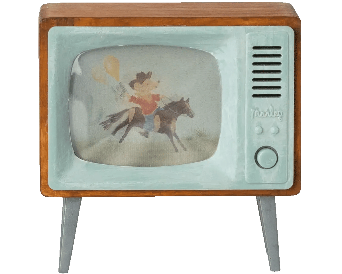 Vintage-style television with a cartoon of a boy riding a horse on the screen. | Maileg UK