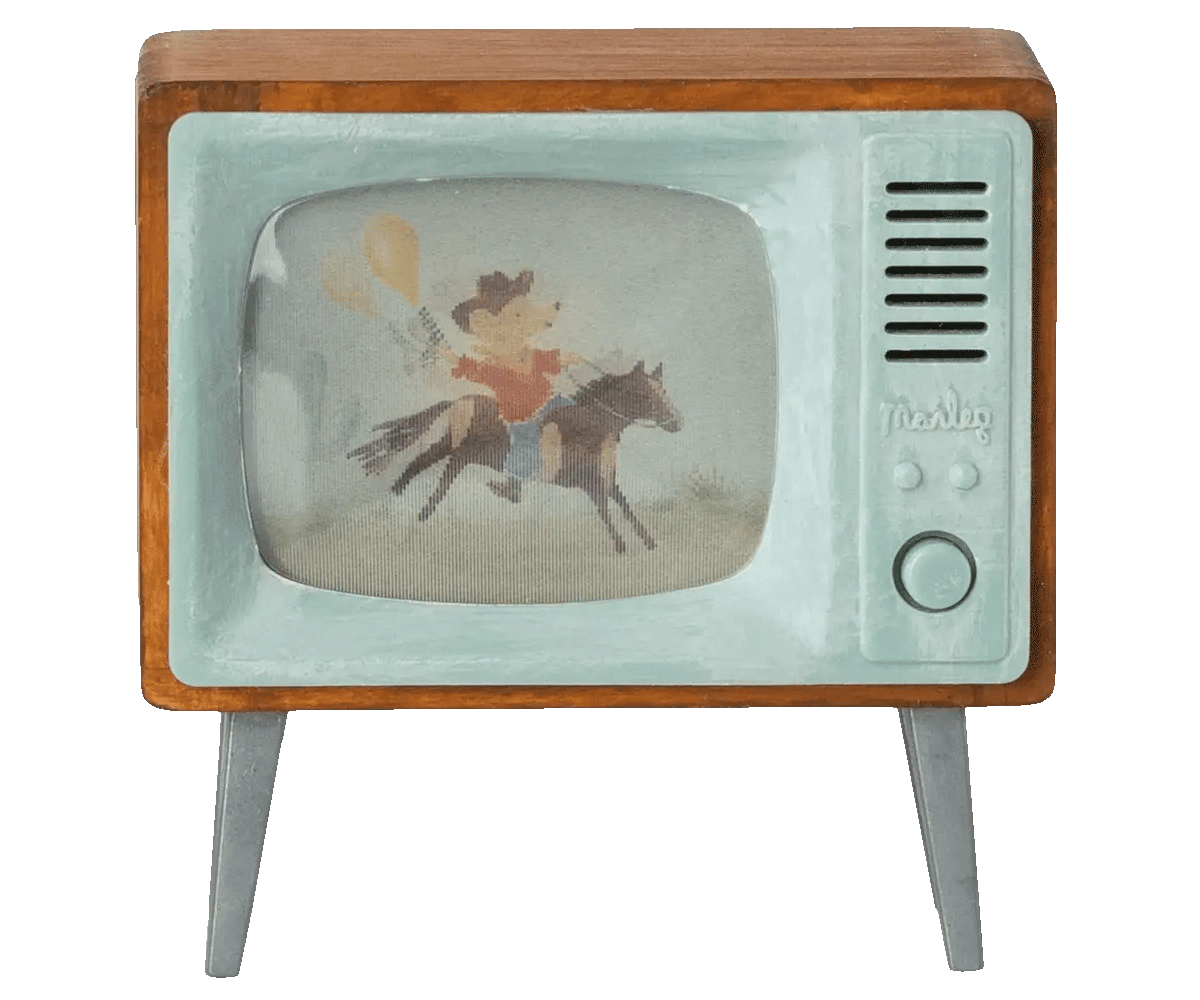Vintage-style television with a cartoon of a boy riding a horse on the screen. | Maileg UK