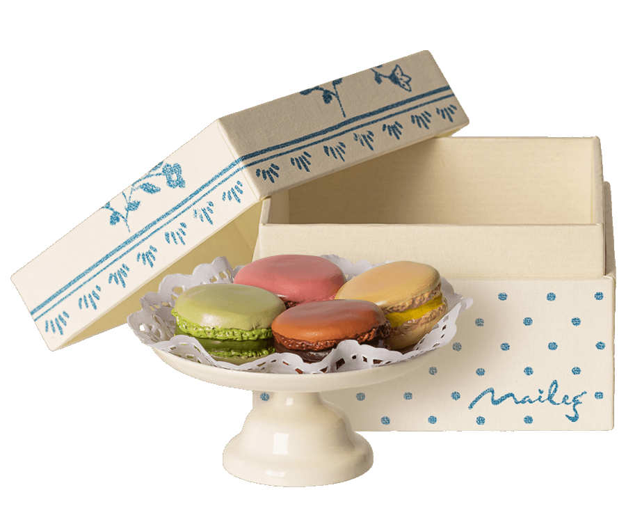 Macaroons on a metal cake stand in a beautiful presentation box | Collectable Dollhouse Miniatures