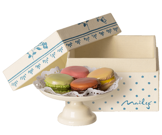 Macaroons on a metal cake stand in a beautiful presentation box | Collectable Dollhouse Miniatures