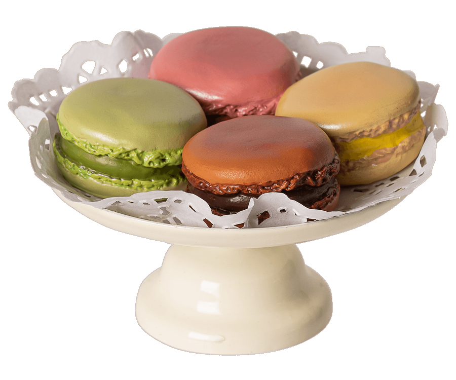 Macaroons on a metal cake stand in a beautiful presentation box | Collectable Dollhouse Miniatures