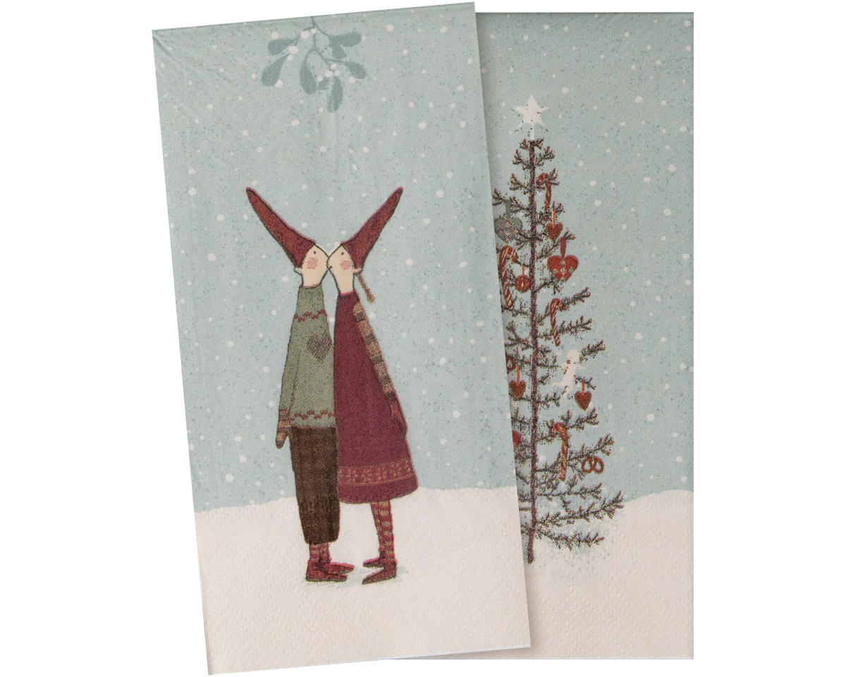 Two Christmas-themed greeting cards with a couple and a tree on a snowy background. | Maileg UK