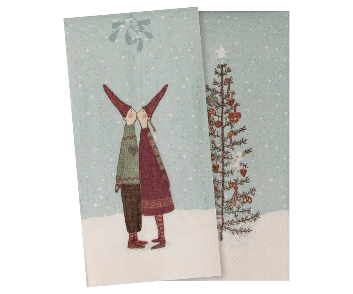 Two Christmas-themed greeting cards with a couple and a tree on a snowy background. | Maileg UK