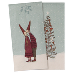 Two Christmas-themed tea towels with a design of a gnome and a tree on a snowy background. | Maileg UK