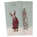 Two Christmas-themed tea towels with a design of a gnome and a tree on a snowy background. | Maileg UK