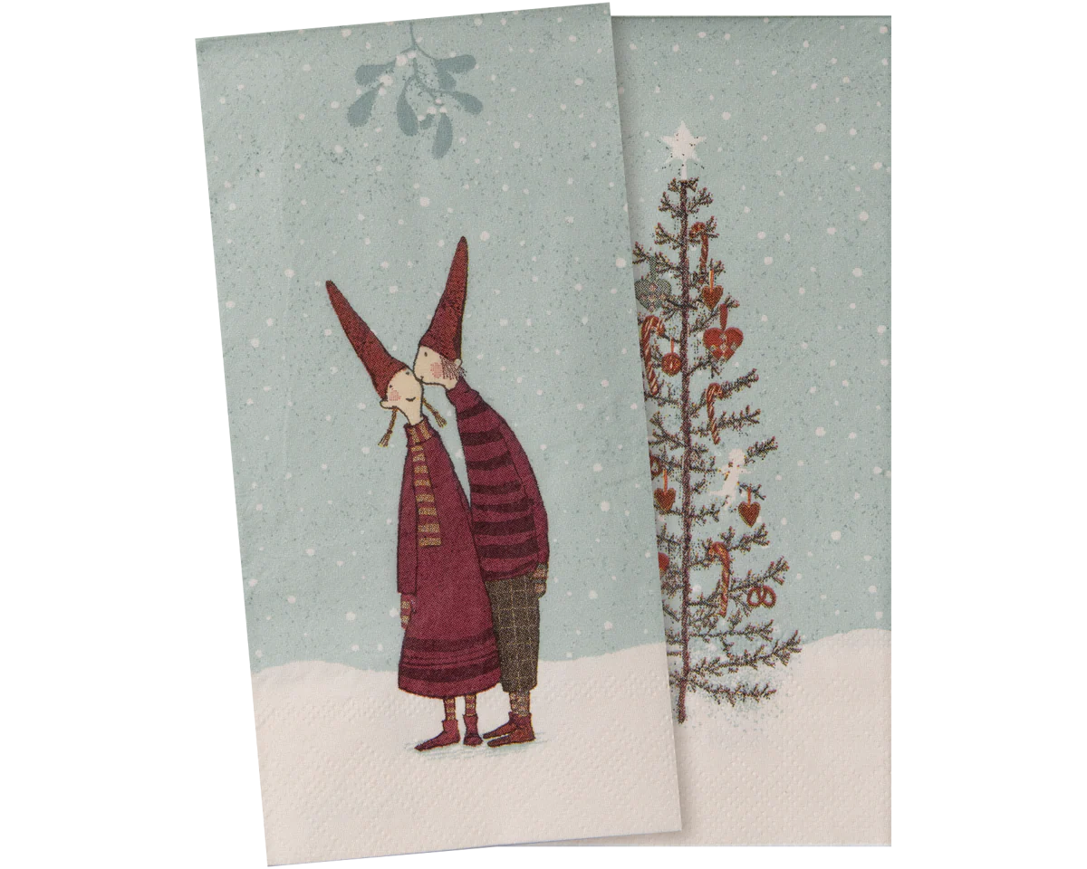 Two Christmas-themed tea towels with a design of a gnome and a tree on a snowy background. | Maileg UK