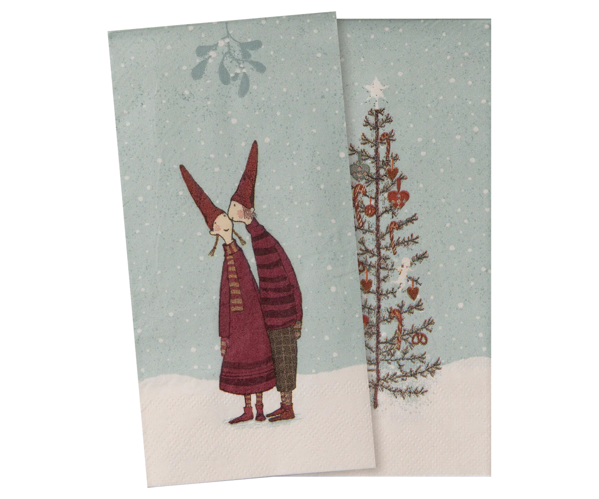 Two Christmas-themed tea towels with a design of a gnome and a tree on a snowy background. | Maileg UK