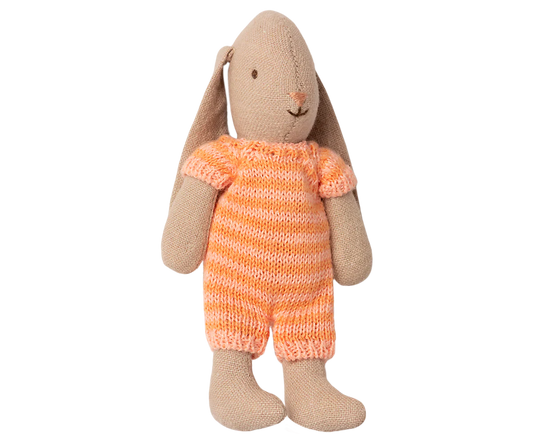Knitted toy rabbit wearing an orange striped outfit on a white background | Maileg UK