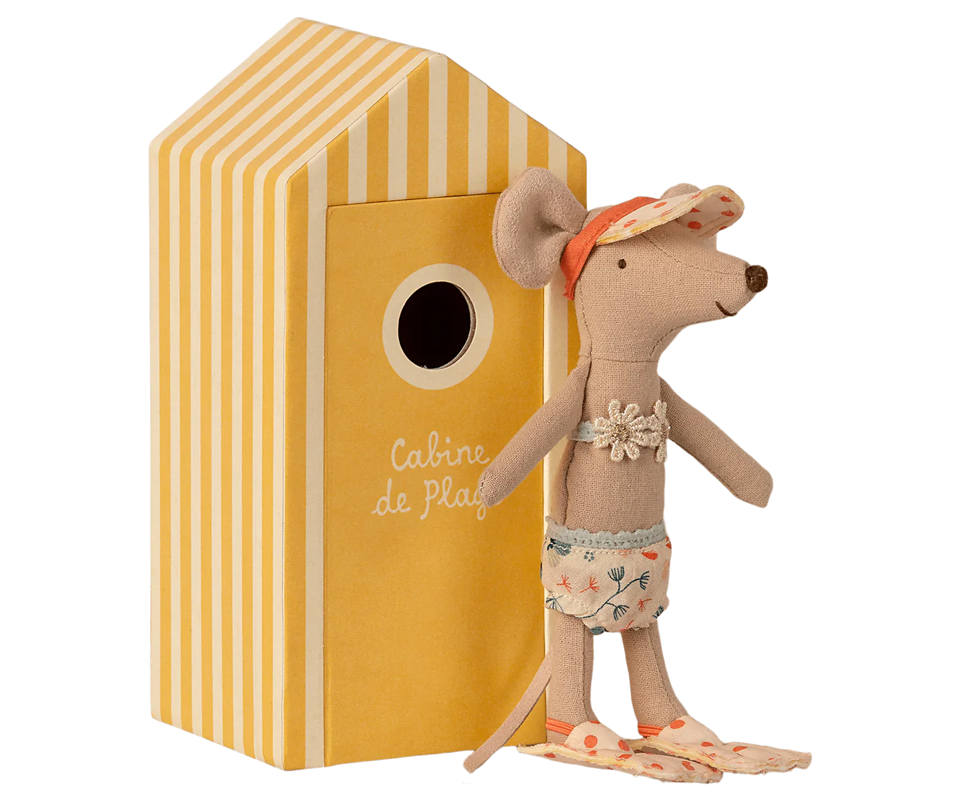 Maileg Beach mouse big sister in her bikini and sun visor, complete with her own yellow beach hut. Collectable Heirloom Toys