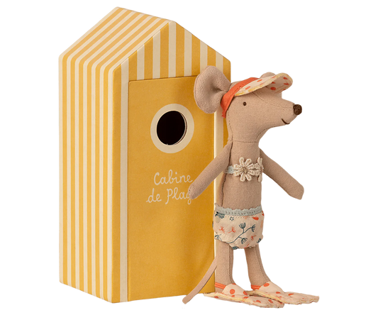 Maileg Beach mouse big sister in her bikini and sun visor, complete with her own yellow beach hut. Collectable Heirloom Toys