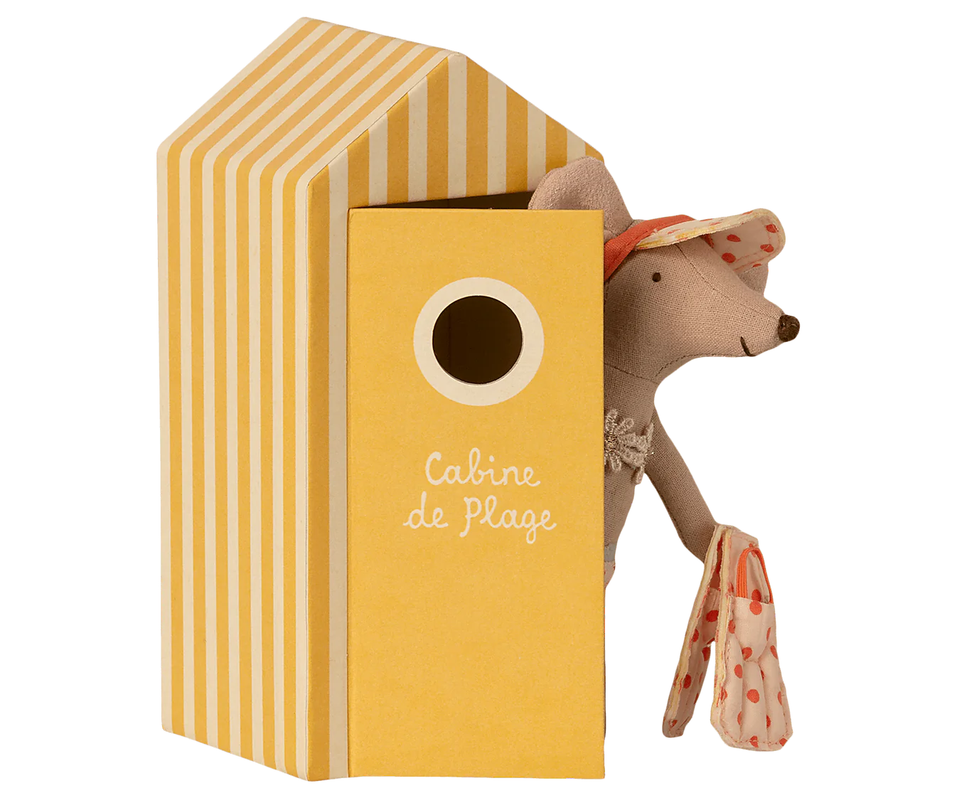 Maileg Beach mouse peeping out of her yellow beach hut flippers in hand. Collectable Heirloom Toys