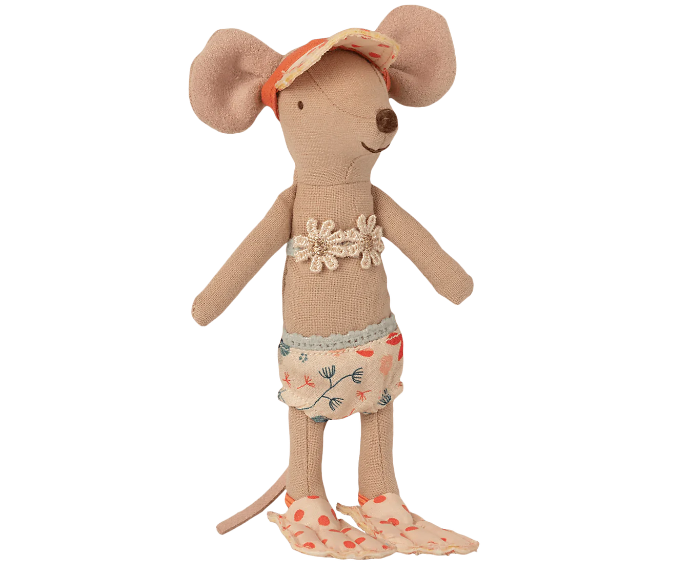 Big Sister Maileg Beach mouse in sun hat flower bikini and dotty swimming flippers. Collectable heirloom toys