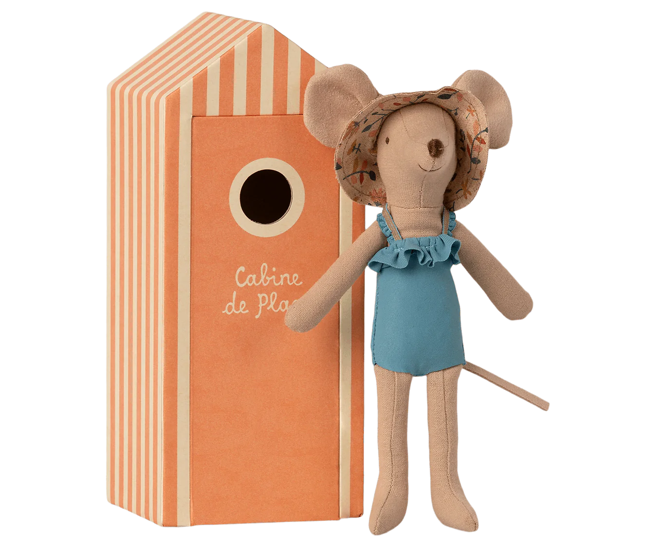 Maileg Mum Beach Mouse in her blue swimming costume and floral sunhat stood outside her orange stripe beach hut. Collectable Heirloom Toys