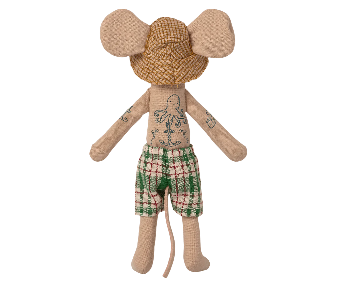 A view of the Dad Maileg Beach mouse from the back showing his nautical tattoos and tail. Collectable heirloom toys