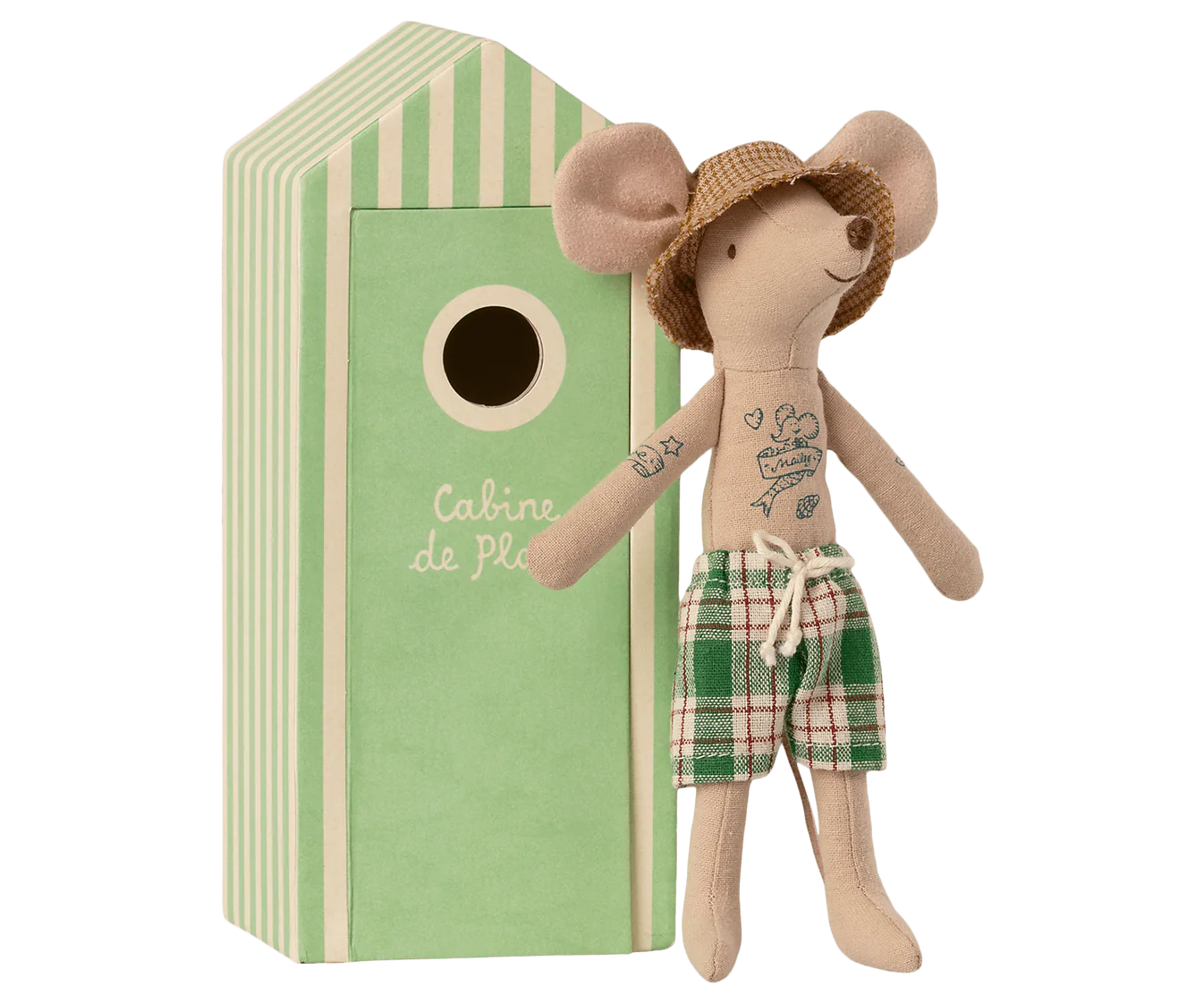 Dad Maileg Beach Mouse with tattoos sun hat and checked swimming shorts and his very own green stripe beach hut | Collectable Heirloom Toys