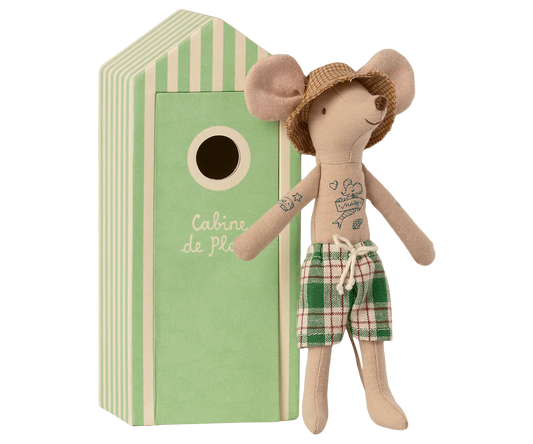 Dad Maileg Beach Mouse with tattoos sun hat and checked swimming shorts and his very own green stripe beach hut | Collectable Heirloom Toys