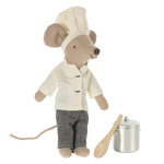 Maileg Chef Mouse wearing his chef whites and hat with a stock pot and wooden spoon | Collectable Dollhouse Miniatures