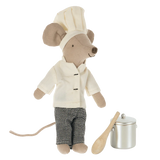 Maileg Chef Mouse wearing his chef whites and hat with a stock pot and wooden spoon | Collectable Dollhouse Miniatures