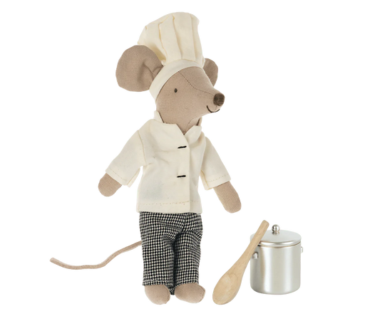 Maileg Chef Mouse wearing his chef whites and hat with a stock pot and wooden spoon | Collectable Dollhouse Miniatures