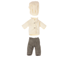 Set of mouse chef attire including a jacket, hat, and pants on a white background | Chef clothes, Big sister and big brother mouse | Maileg UK