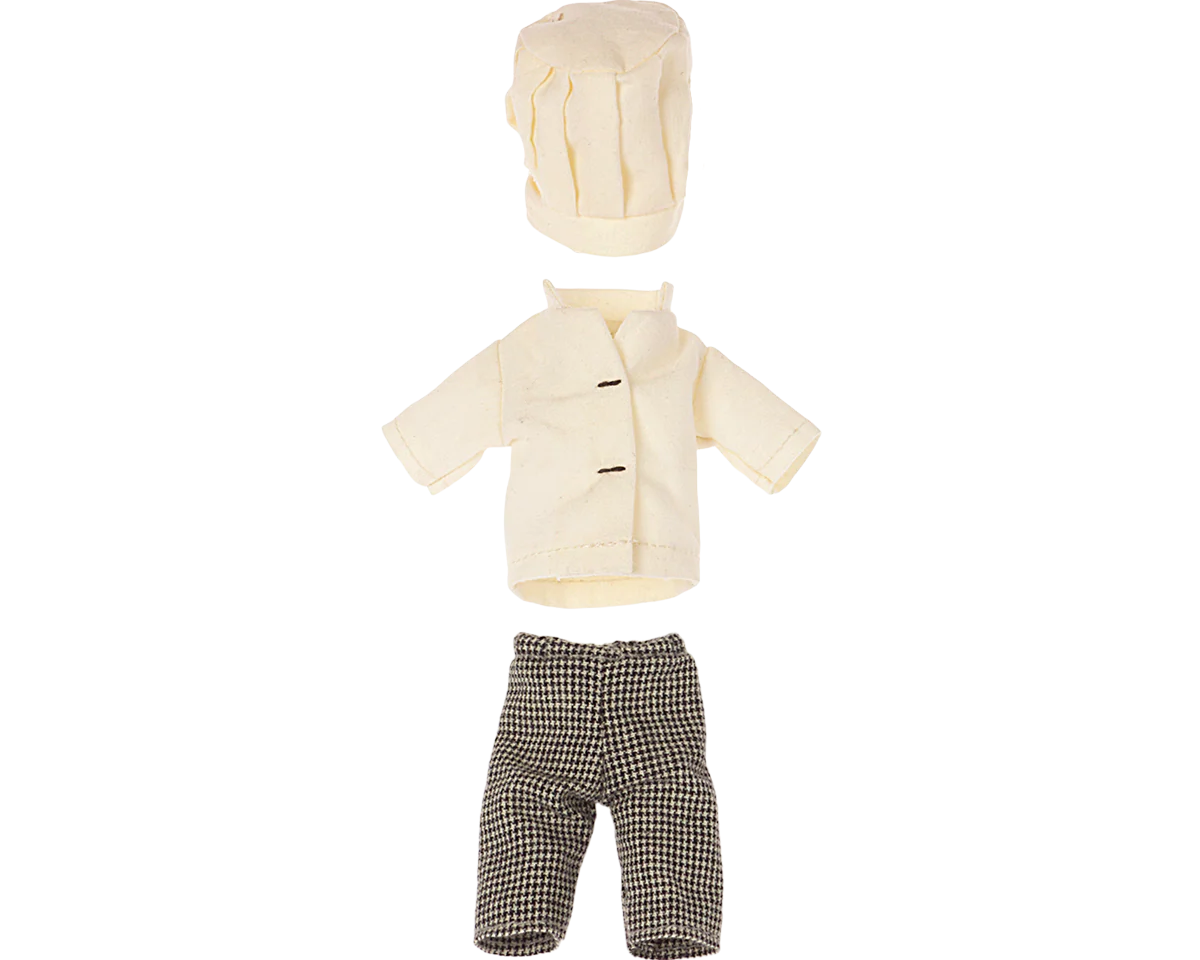 Set of mouse chef attire including a jacket, hat, and pants on a white background | Chef clothes, Big sister and big brother mouse | Maileg UK