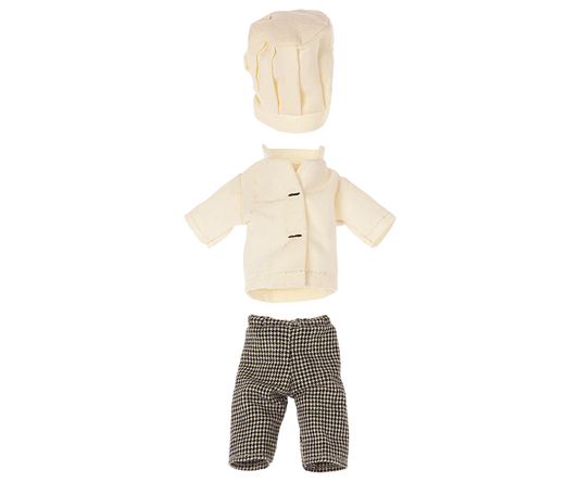 Set of mouse chef attire including a jacket, hat, and pants on a white background | Chef clothes, Big sister and big brother mouse | Maileg UK