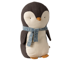 Stuffed penguin toy with a blue scarf on a white background | Maileg UK