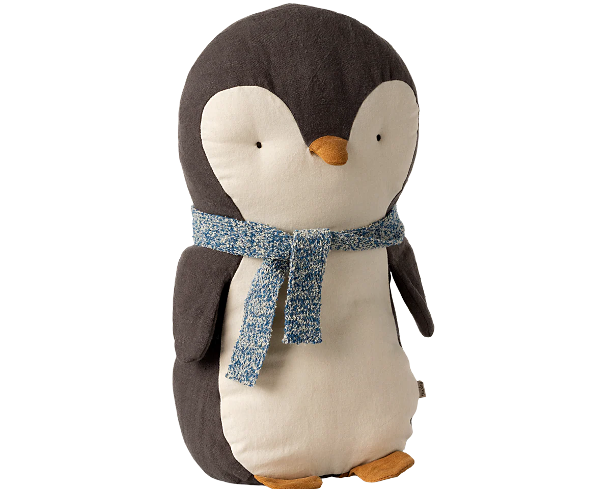 Stuffed penguin toy with a blue scarf on a white background | Maileg UK