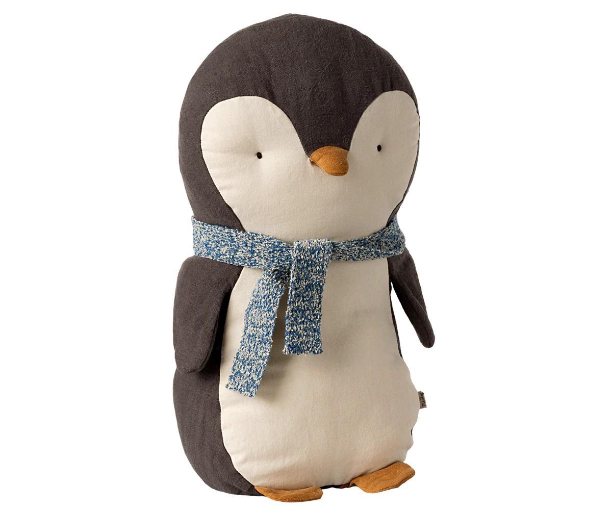 Stuffed penguin toy with a blue scarf on a white background | Maileg UK